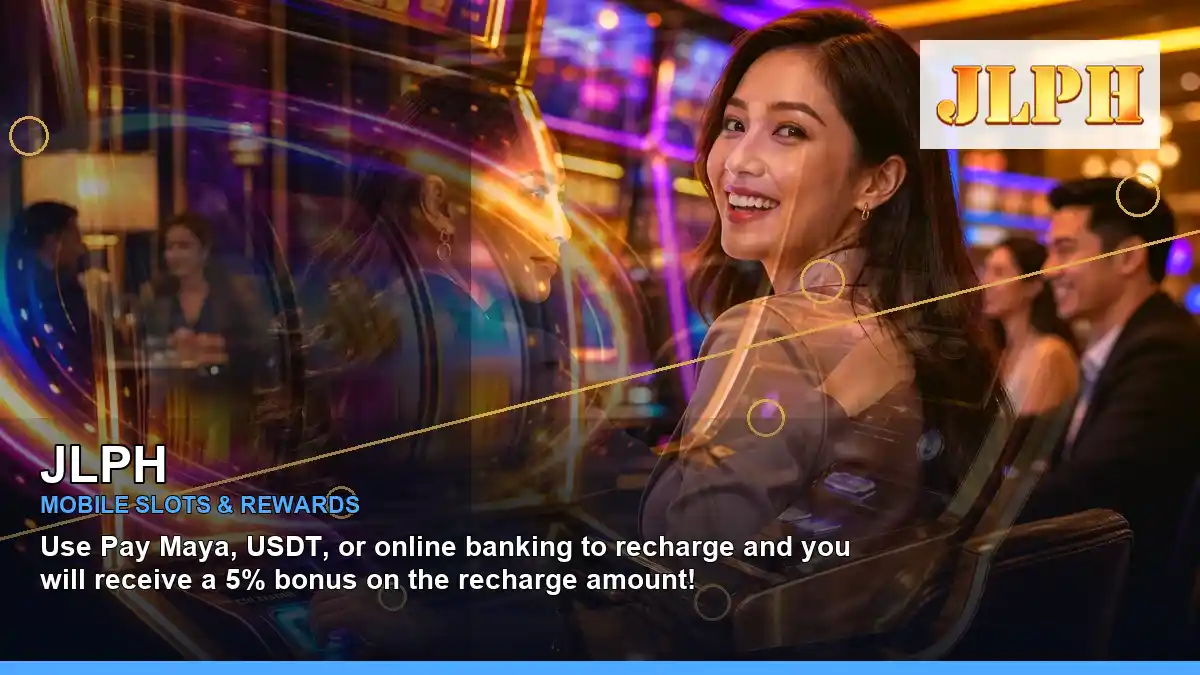 JLPH lounge VIP casino rewards featuring an adult Filipina casino host with a left-diagonal composition